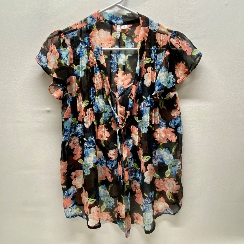 Elle Blouse Women's XS Black Floral Sheer Popover Short Sleeve Career Top GUC